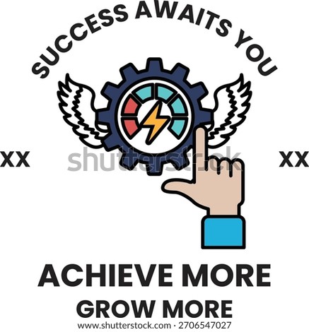 A black and white image of a hand pointing to a gear with the words "success awaits you" written below it