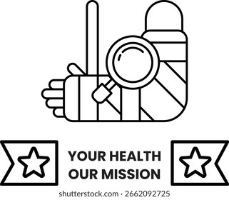 Ein Schwarz-Weiß-Bild einer Hand mit einer Schiene und einer Lupe. Das Bild trägt den Titel "Your Health Our Mission"