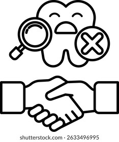 A black and white image of a handshake between two people with a toothbrush in the middle. The toothbrush is surrounded by a magnifying glass, which is pointing to it. Concept of dental hygiene