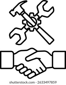 Una Imagen en blanco y negro de un apretón de manos entre dos personas con una llave inglesa y un martillo en el fondo. Concepto de colaboración y trabajo en equipo
