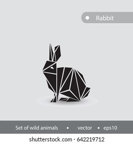 Black and white image of a hare. The illustration is made in a flat graphics broken straight lines. Vector image for design.