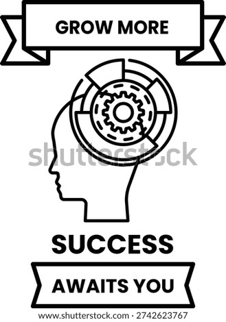 A black and white image of a head with a gear in the middle. The text below the image reads "Grow more success awaits you"
