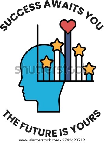 A black and white image of a head with stars and a heart. The text below the image says "Success awaits you"