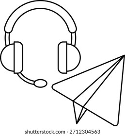 Ein Schwarz-Weiß-Bild eines Headsets und eines Papierflugzeugs. Das Papierflugzeug befindet sich rechts vom Headset