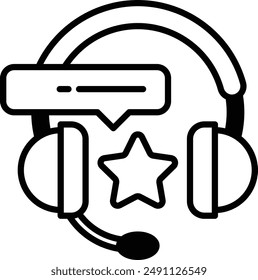 A black and white image of a headset with a star and a speech bubble. The speech bubble is written with the word "important" and the star is placed above it. Concept of the importance of communication