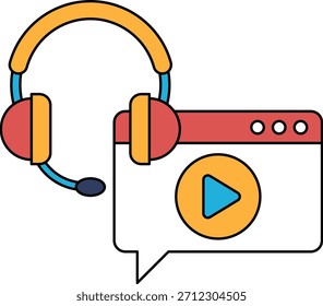 Ein Schwarz-Weiß-Bild eines Headsets und eines Video-Players. Das Headset befindet sich auf der linken Seite des Bildes und der Video-Player auf der rechten Seite. Konzept der Kommunikation und Unterhaltung
