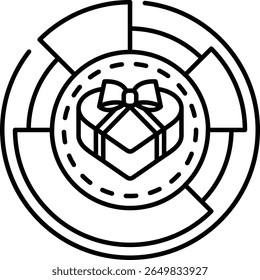 A black and white image of a heart with a bow on it. The heart is surrounded by a circle and there are lines that make it look like a maze. Concept of a gift or a surprise