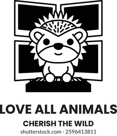 A black and white image of a hedgehog sitting in front of a computer monitor. The image is titled "Love All Animals Cherish the Wild"