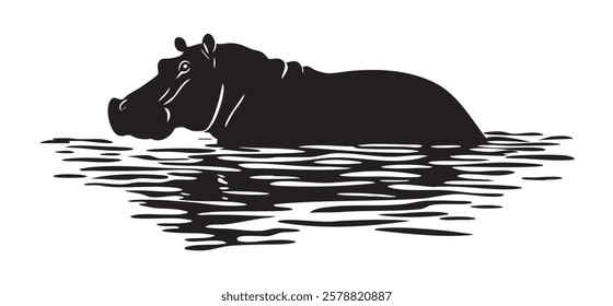 A black and white image of a hippo swimming in a body of water