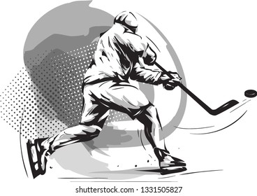 Black and white image of a hockey player with a stick and puck. Freehand drawing.