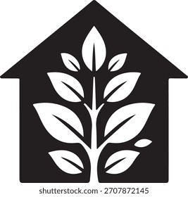 Black and white image of a house shape containing a plant, symbolizing growth and home.