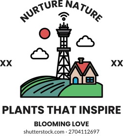 Uma imagem em preto e branco de uma casa e uma torre com as palavras "Plantas que inspiram" escritas abaixo dela