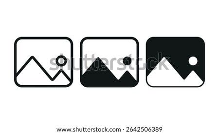 black and white image icons with mountain and sun elements used for gallery or photo symbol	
