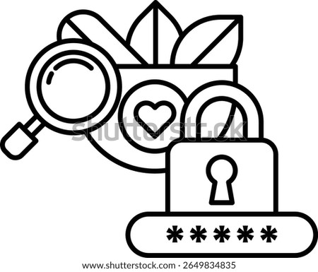 A black and white image of a key and a magnifying glass. The key is on the right side of the image and the magnifying glass is on the left side