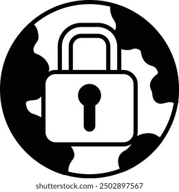 A black and white image of a key on a globe. The globe is surrounded by a circle and the key is in the center. Concept of security and protection, as the key is used to lock and unlock doors