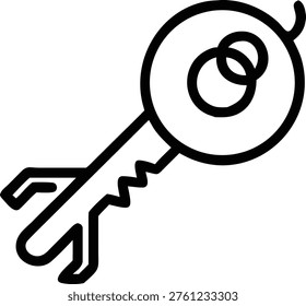 A black and white image of a key with two interlocking rings