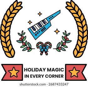 Una Imagen en blanco y negro de un teclado con un lazo. La Imagen se titula "Festiva Magic in Every Corner"