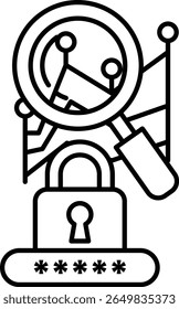 A black and white image of a keyhole with a lock and a magnifying glass. Concept of security and the importance of protecting one's belongings