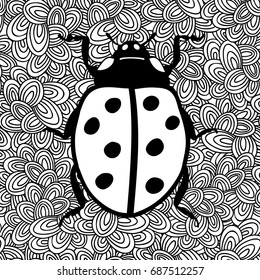 Black and white image of ladybug. Vector illustration for coloring.