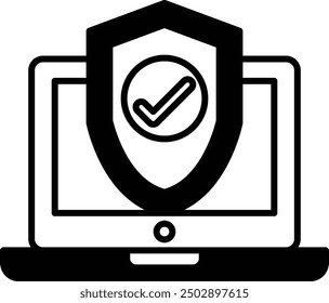 A black and white image of a laptop with a shield on it. The shield has a check mark on it, indicating that it is secure