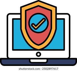 A black and white image of a laptop with a shield on it. The shield has a check mark on it, indicating that it is secure