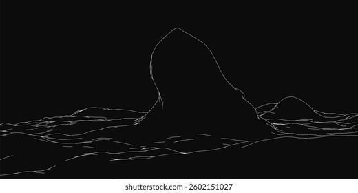 A black and white image of a large rock in the ocean. The rock is surrounded by water and he is the only object in the scene