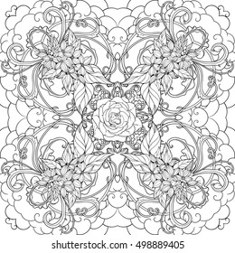 Black and white image of leaves and various flowers over clouds. Adult coloring page. Seamless pattern.