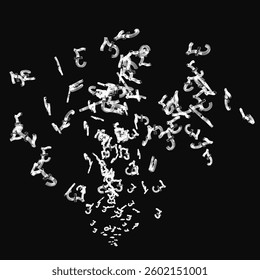 A black and white image of letters and numbers in a white background. Concept of chaos and disorder, with the letters and numbers scattered all over the page. Scene is one of confusion and disarray