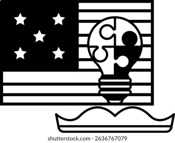 A black and white image of a light bulb and stars on a flag. Concept of innovation and progress, as the light bulb represents new ideas