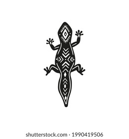 Black and white image of lizard with geometric pattern on back, flat vector illustration isolated on white background. Gecko lizard for totem or tattoo print.