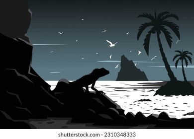 A black and white image of a lizard on a beach with a palm tree in the background