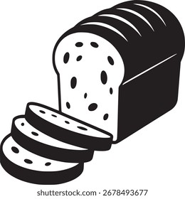 ein schwarz-weißes Bild eines Brotlaibs mit drei abgeschnittenen Scheiben. das Brot auf einfarbigem weißem Hintergrund und das Bild ist einfach und minimalistisch im Stil.