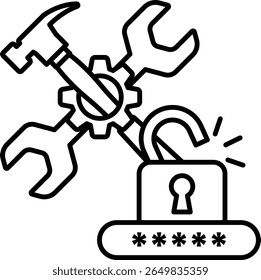 A black and white image of a lock with a hammer and wrench on top of it. Concept of unlocking something, possibly a safe or a door. Scene is serious and focused