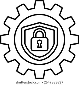 A black and white image of a lock and key with a gear in the background. Concept of security and protection