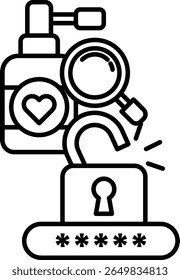 A black and white image of a lock with a key and a bottle of spray paint with a heart on it