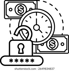 Uma imagem em preto e branco de um cadeado com uma chave e um relógio. A trava está aberta e a chave está ausente. O relógio está definido para a hora das 10:00. Conceito de tempo esgotado