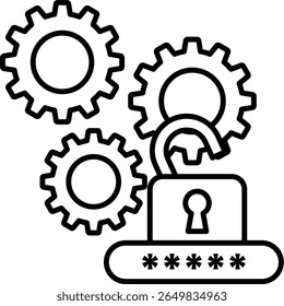 A black and white image of a lock with a key and a series of gears. The gears are all different sizes and are arranged in a circular pattern. Concept of security and protection, as the lock