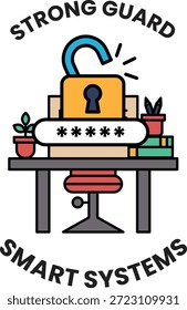 Uma imagem em preto e branco de uma fechadura com uma chave. A imagem é intitulada "Strong Guard Smart Systems"