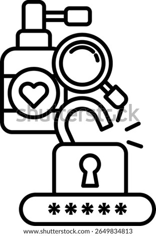 A black and white image of a lock with a key and a bottle of spray paint with a heart on it