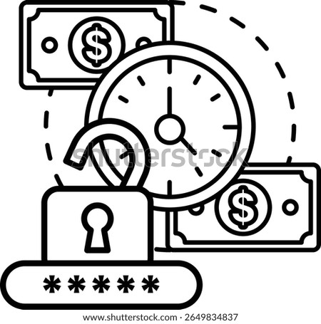 A black and white image of a lock with a key and a clock. The lock is open and the key is missing. The clock is set to the time of 10:00. Concept of time running out