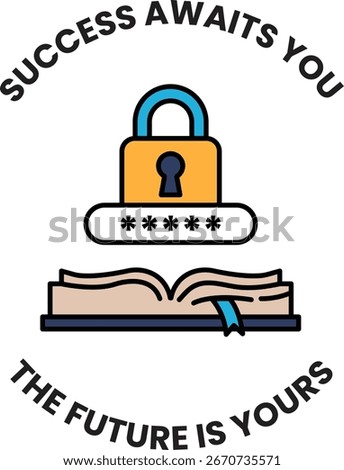 A black and white image of a lock and key with the words "success awaits you" written below it