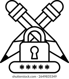 A black and white image of a lock and a pair of pencils. The lock is on the left side of the image and the pencils are on the right side. Concept of security and protection
