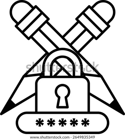A black and white image of a lock and a pair of pencils. The lock is on the left side of the image and the pencils are on the right side. Concept of security and protection