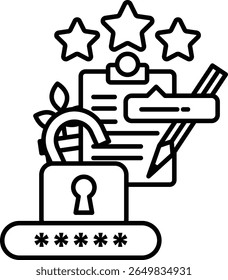 A black and white image of a lock, a star, a clipboard, and a pencil. Concept of security and organization
