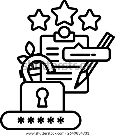 A black and white image of a lock, a star, a clipboard, and a pencil. Concept of security and organization