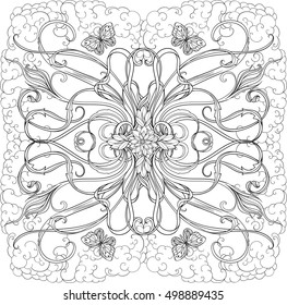 Black and white image of long thin leaves, flowers, butterflies over clouds. Adult coloring page.