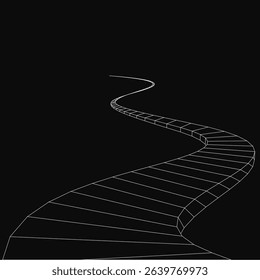 A black and white image of a long, winding staircase. The staircase is made up of many small squares, and it is a very long and winding path. The image has a sense of mystery and intrigue