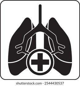 Ein Schwarz-Weiß-Bild der Lungen mit einem zentralen medizinischen Kreuz, das den Fokus auf die Gesundheit und Behandlung der Atemwege zeigt.