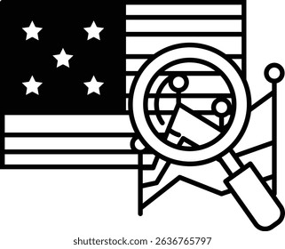 A black and white image of a magnifying glass looking at the American flag. The flag is surrounded by stars and the magnifying glass is in the center of the image. Concept of curiosity and exploration