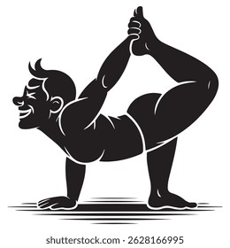 a black and white image of a man doing a yoga pose, smiling. The art is a silhouette, showing the man's strength and flexibility in this pose.